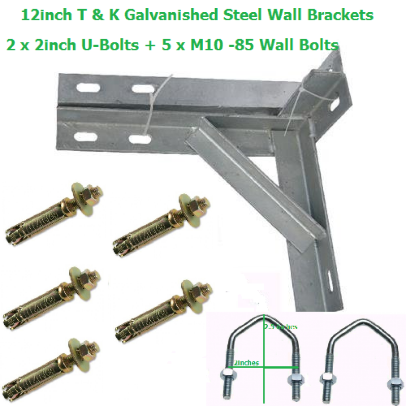 12 inch T + K Galvanished Steel Wall Brackets + 2 U-Bolts + 5 Wall Bolts 12 inch T + K Galvanished Steel Wall Brackets + 2 U-Bolts + 5 Wall Bolts